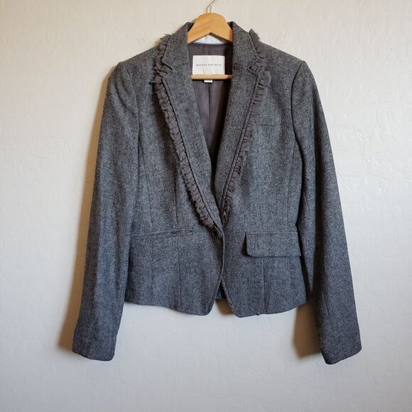 Banana Republic Tweed Wool Blend Blazer Jacket Ruffled Trim Grey Size Women's 4 - Picture 1 of 10